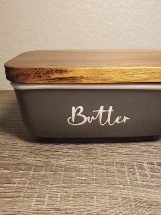Unbranded Other - Dark Gray Ceramic Butter Dish Natural Acacia Wood Lid Silicone Seal EUC